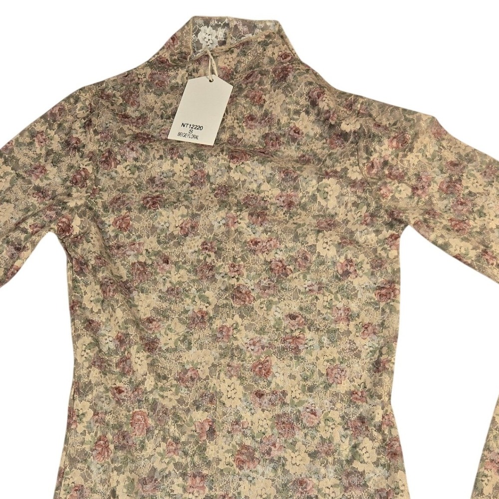 New Beige Floral Lace Mock Neck Long Sleeve Top NT12220 Sheer Rose Print